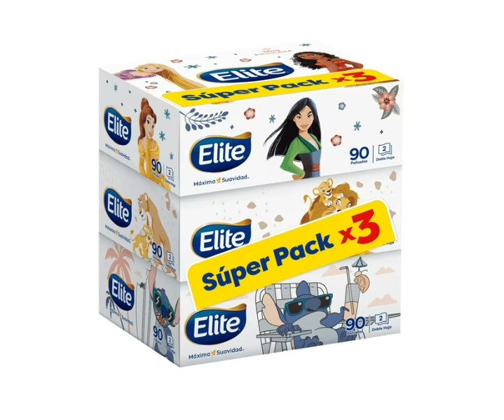 Pañuelos Facial Elite Disney Doble Hoja - 3 Paquetes de 90 Pañuelos.
